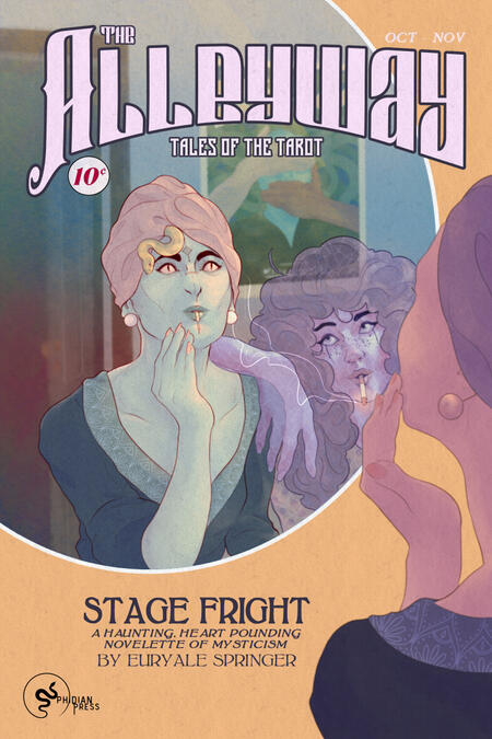 A digital illustration done in the style of old pulp fiction books depicting a gorgon and a ghost femme looking into a mirror