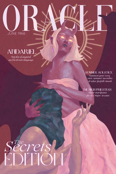 A digital illustration in the style of a fashion magazine cover, depicting a succubus and her thrall