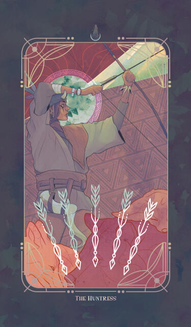 A digital illustration depicting a huntress drawing a bow. She is garbed in a turquoise tunic with leather accessories and a feathered headband. At her feet are her felled hunts (a fox and a grizzly bear)