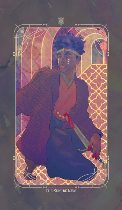 A digital illustration depicting a kneeling king dressed in a patterned robe and black harem pants. He is impaled on a sword that runs through his stomach