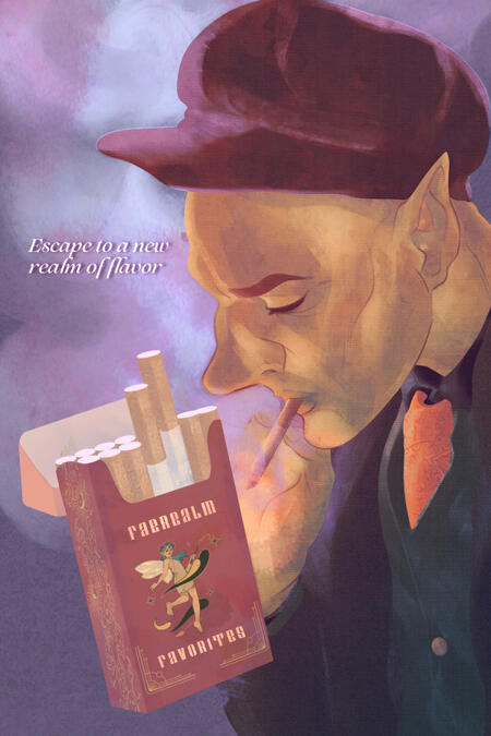 A digital illustration done in the style of a vintage cigarette ad for a magazine depicting a goblin dressed in a suit, tie, and newsies cap smoking a cigarette