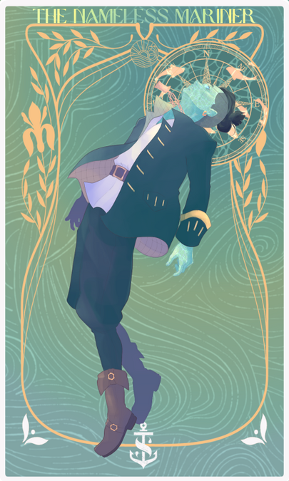 A digital illustration depicting a man floating in a translucent sea, his skin is patterned like water, and he wears maritime garb inspired by the 1600s