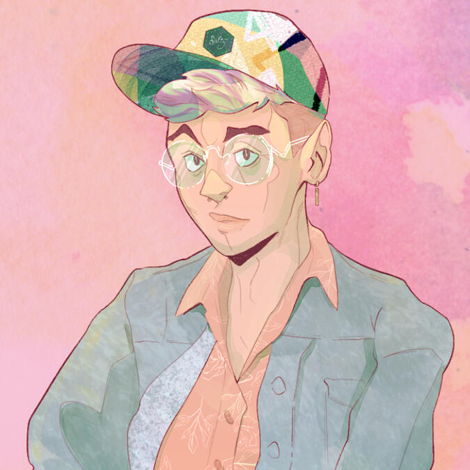 A digital self-portrait of Ezra with blonde hair wearing a patterned snapback, a denim jacket, and a pink button-down shirt